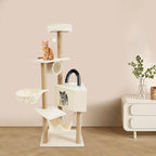 Cat Tree, W23.6*D15.7*H63in Cat Climbing Tower for Indoor Cats, Multi-Layer Cat Condo with Cat House, Hammock, Jumping Platforms, Scratching Posts, Holds 7.5kg/16.5lbs (Beige)