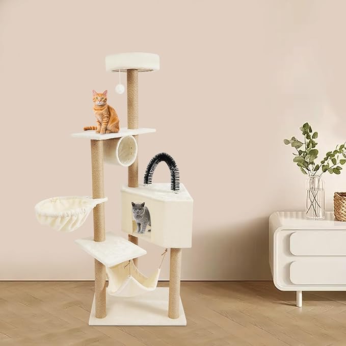 Multi-Level Cat Tower Cat Tree with Scratching Posts, Hammock, Condo, Jumping Platforms, 16.53 Lbs Load Capacity, 63" Tall Wooden Cat Condo Perch for Indoor Large/Small Cats (Beige)