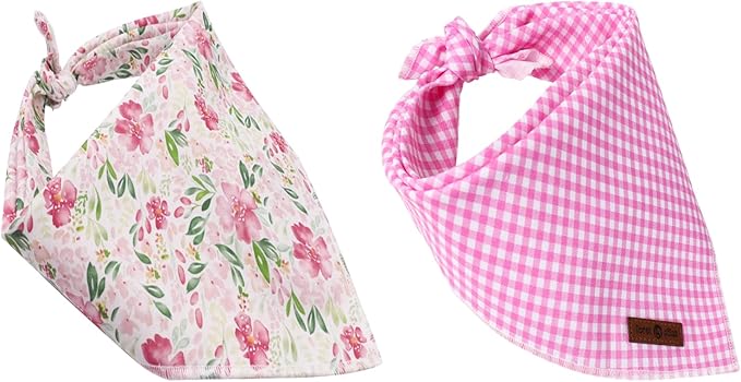 Lionet Paws Spring Dog Bandanas 2 Pack, Pink Washable Triangle Bibs Scarf Kerchief, Adjustable Flower Holiday Scarves for Small Medium Dogs