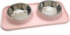 BNOSDM Double Dog Food Bowls Stainless Steel Dog Food and Water Bowls with Non-Spill Plastic Mat Pet Cat Feeder Bowl Set for Puppy Cats Kitten Small Medium Dogs Pink