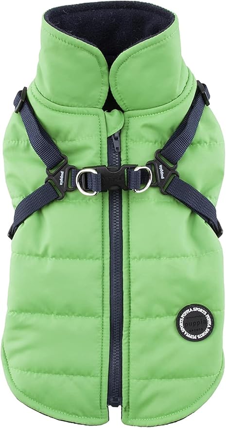 Puppia Mountaineer Winter Dog Coat with integrated harness No Pull Cold Weather Waterproof Warm Fleece Back Zipper for Small & Medium Dog, GREEN, Small