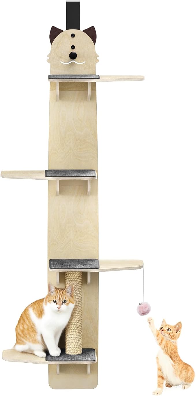 Cat Tree Door Mounted Cat Climber,Cat Climbing Shelves Tree Door Hanger, 4-Tiers Vertical Cats Tree Over, Doors Hanging Shelves with Scratching Post, Pads, Tease Cats Ball