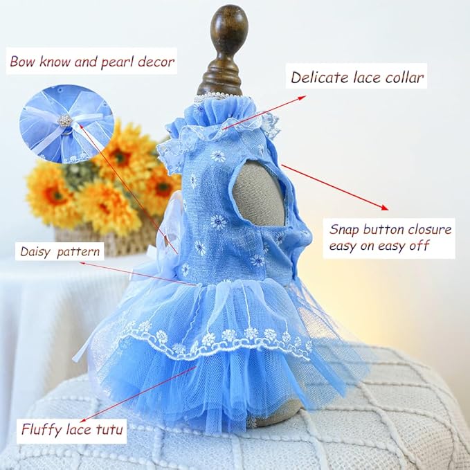 ANIAC Daisy Small Dog Dresses Female with Leash Ring,Bow Knot Girl Puppy Wedding Dress,Valentine's Cat Outfit,Fancy Pet Party Dress for Kitten Chihuahua Yorkie Pomeranian (Blue, Small)