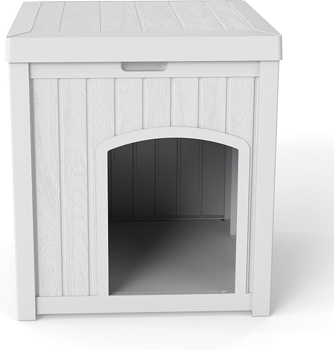 Indoor Dog House Weatherproof Outdoor Dog Houser for Small Medium Dogs, Resin Plastic Igloo Dog House with Flip Lid and Elevated Floor, Easy Assembly for Cat Puppy Shelter (White)