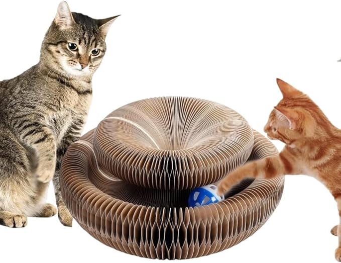 Magic Organ Cat Scratcher Toy - 2 Pack Magnetic Splicing Cardboard Cat Scratching Board with Bell Ball, Foldable Accordion Toy for Indoor Cats, Large Tunnel/Bouncy Ring Shape