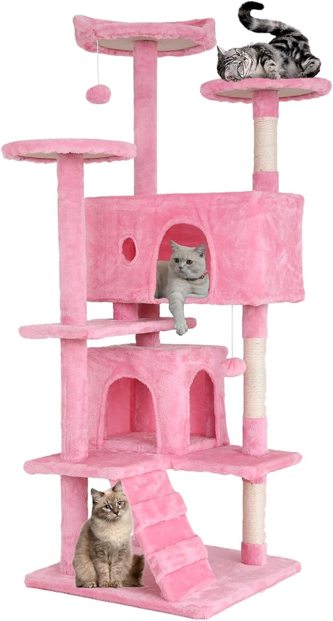 Dkeli Cat Tree for Indoor Cats Condo Tower with Scratching Post Tease Ball Perches Platform Small and Medium 54 Inch Multi-Level, Pink