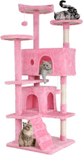 Dkeli Cat Tree for Indoor Cats Condo Tower with Scratching Post Tease Ball Perches Platform Small and Medium 54 Inch Multi-Level, Pink