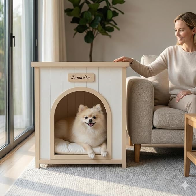 Wooden Dog Crate Furniture, Side Table Dog House for Indoor Small Dogs, Modern End Table with Cushion