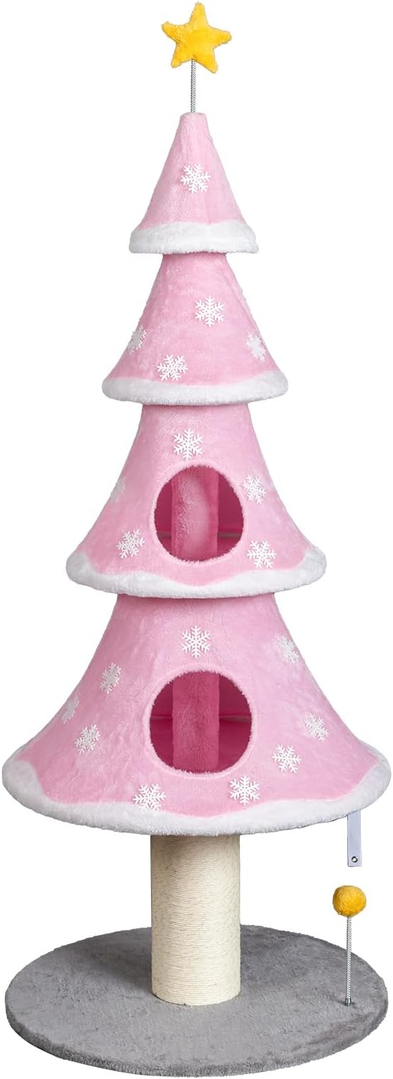 59 Inches Christmas Cat Tree for Indoor, Cat Tower with 2 Condos and Scratching Post,Christmas Tree Party Decoration Activity Center Play House (Pink)