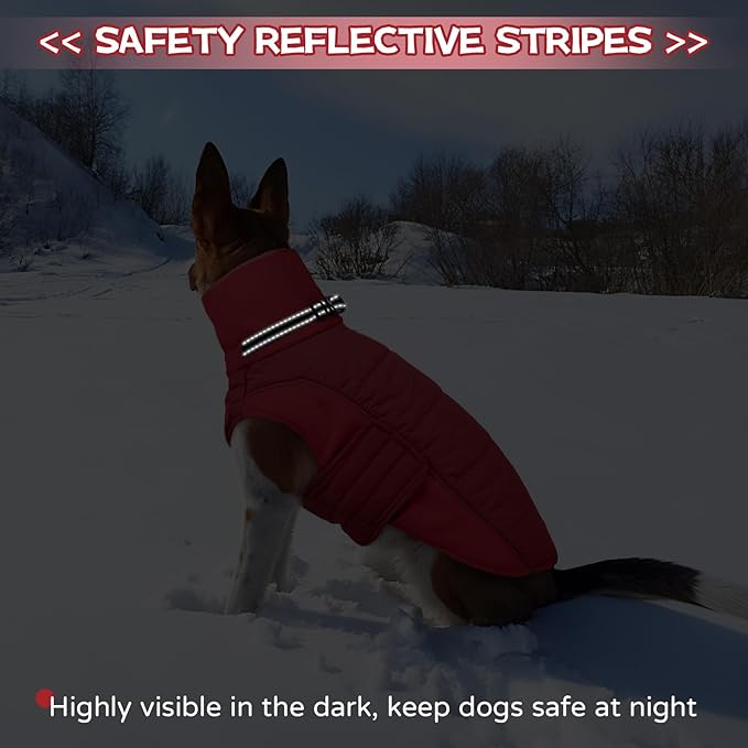 BRKURLEG Dog Winter Coat with Harness Built in, Warm Jacket for Small Medium and Large Dogs, Windproof Turtleneck Fleece Dogs Snowsuit with Hook & Loop, Reflective Christmas Dog Jacket, Red XXL
