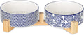 Selamica Ceramic 14 OZ Dog Bowls, Dog Food and Water Bowls with Wooden Stand, Anti-Slip Dogs Dishes Set for Cats & Small Dogs, Weighted Pet Bowls Set of 2, Vintage Blue B