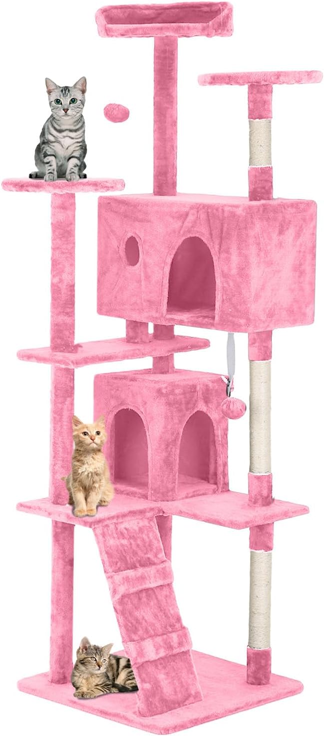 70in Cat Tree for Indoor Cats, Cat Tower with Cat Scratching Post, Multi-Level Cat Furniture, Cat Tower with Funny Toys for Kittens-Pink