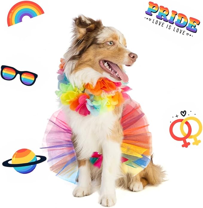 Threetols Rainbow Dog Costume Pride Princess Dress Cat Costumes, Christmas Tutu for Small Medium Cats Dogs, Fancy Rainbow Multicolor Pet Collar for Dog Cat Birthday Party Pride Accessories(L)