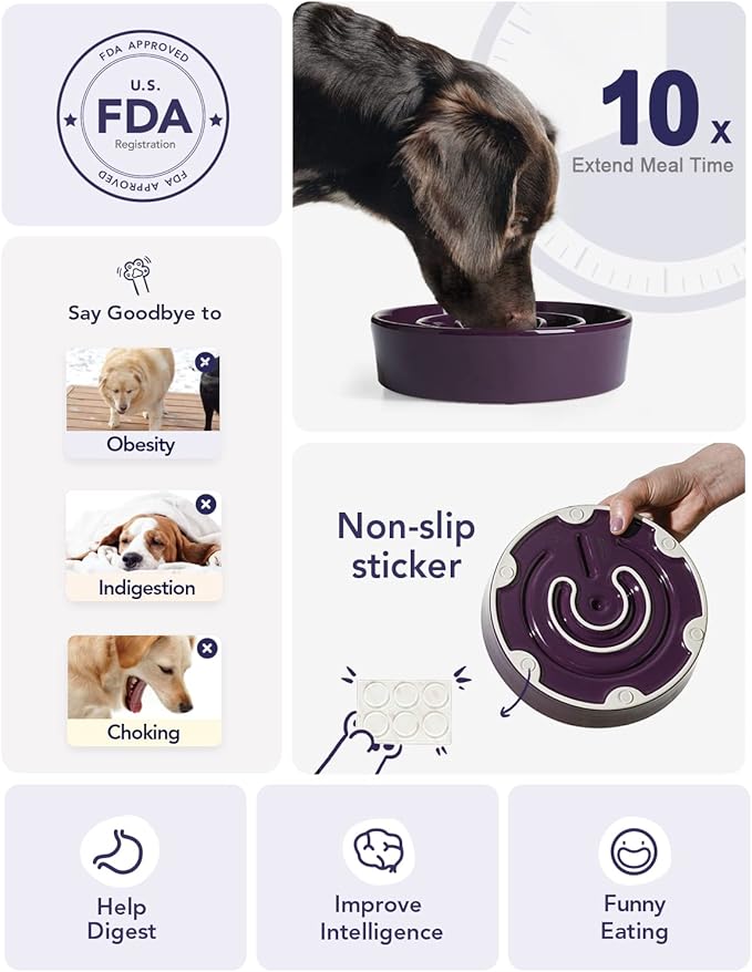 LE TAUCI Slow Feeder Dog Bowls Ceramic, 3 Cups Slow Feeding Dog Bowl Medium Large Breed, Pet Bowl for Fast Eaters, Puzzle Pet Dishes, Maze Purple