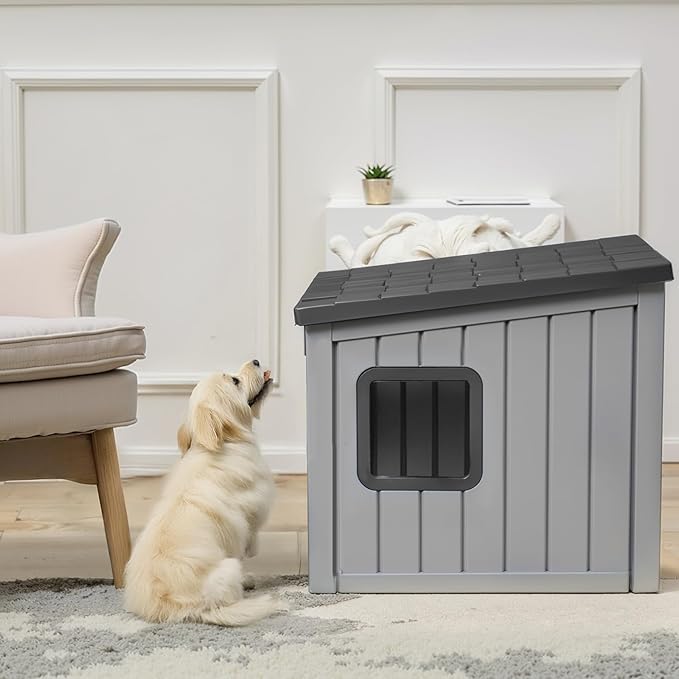 DRATO Outdoor Dog House Indoor and Outdoor with Sloped Roof Resin Material Weatherproof Roof Removable Floors for Small to Middle Sized Dogs Easy to Assemble (Gray, 24.65 * 21.5 * 22.21)