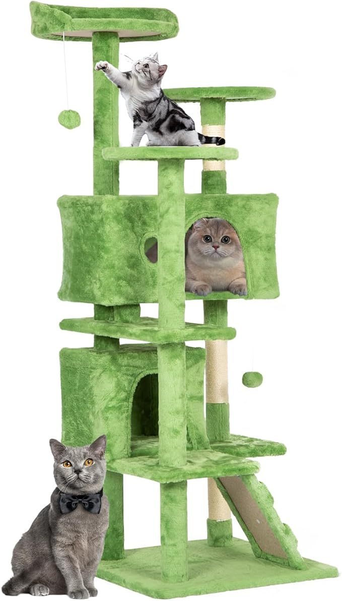 Cat Tree 53 inches Cat Tower for Indoor Cats Cat House with Replaceable and Removable Dangling Ball Cat Trees and Towers with Funny Toys, Green