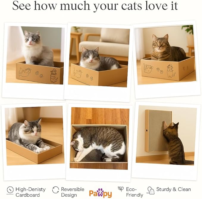 Cat Scratcher Box – Natural Kraft | Recyclable Cardboard Scratch Pads for Indoor Cats | Flat, Reversible Scratch Boards with Debris-Collecting Base