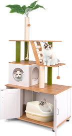PETSITE Cat Tree with Litter Box Enclosure, Multi-Level Modern Cat Tree Tower with Sisal Scratching Posts, Cat Condo, Ladder, Dangling Balls, Interactive Sisal Rope, and Hidden Litter Box