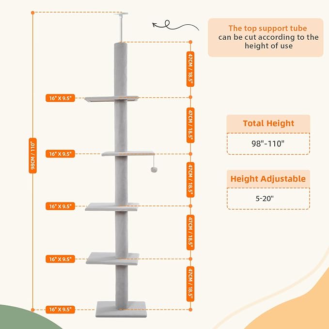 Cat Craft Cat Tree Floor to Ceiling 95-108" Tall Cat Tree Carpet Cat Tower Kitten Tree Sisal Scratching Post and Mat Cat Pole for Indoor Cats, White Grey