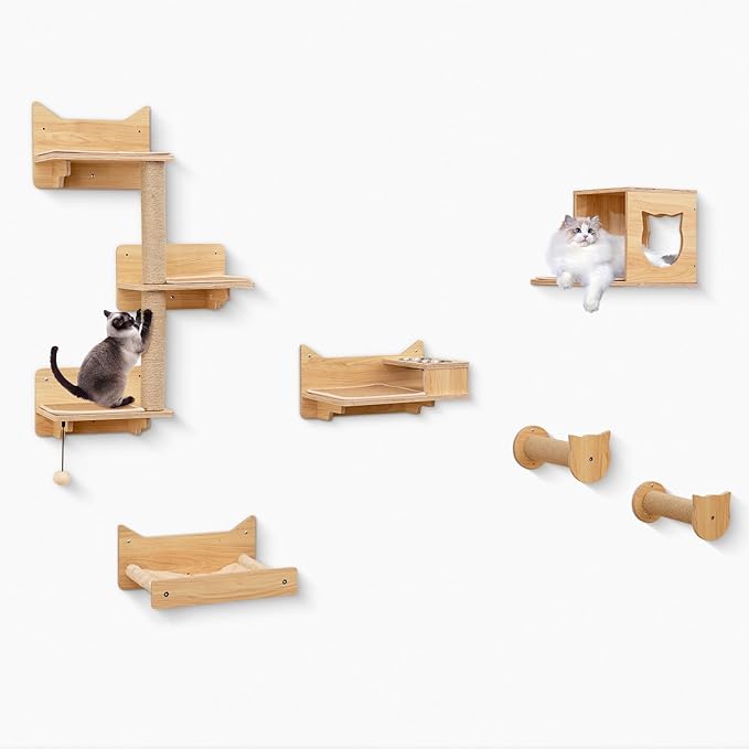 Tangkula Cat Wall Shelves, 6 Pieces Wooden Wall Mounted Kitten Furniture Set with Hammock, Food Water Bowl, 3-Step Cat Tree, Platforms, Scratching Posts & Hanging Toy, Cat Climber Steps (Natural)