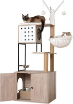 Cat Tree with Litter Box Enclosure, 2-in-1 Modern Cat Tree Tower, All-in-one Cat Condo for Indoor Cats with Large Hammock, Bed, Food Station, Scratching Posts, Cat Furniture for Indoor Cats (23.6”)