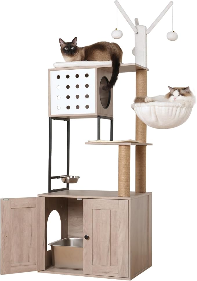Cat Tree with Litter Box Enclosure, All-in-one Indoor Cat Litter Box Furniture, Wooden Cat Tower, Tall Cat Condo with Scratching Posts, Hammock, House, Perch (65.35''H)