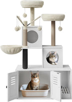 Modern Multi-Level Wooden Cat Tree with Litter Box Enclosure, Cat Tower with Litter Box Enclosure & Condo, Sisal Scratching Posts, Soft Perch and Toys for Indoor Cats, White Box & White Trees