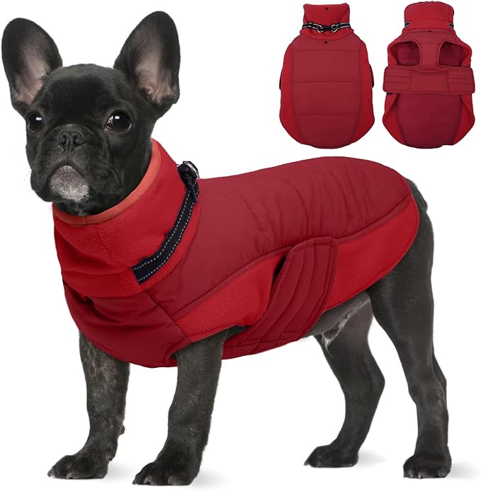 BRKURLEG Dog Winter Coat with Harness Built in, Warm Jacket for Small Medium and Large Dogs, Windproof Turtleneck Fleece Dogs Snowsuit with Hook & Loop, Reflective Christmas Dog Jacket, Red L
