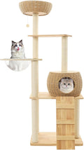 57 Inch Tall Cat Tree with Hammock & Condo, Multi-Level Cat Tower with Scratching Posts & Toys, 24" Width Natural Wood Cat Furniture with Sisal Rope, Cat Climbing Frame for Indoor Cats