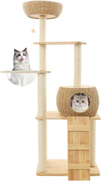 57 Inch Tall Cat Tree with Hammock & Condo, Multi-Level Cat Tower with Scratching Posts & Toys, 24" Width Natural Wood Cat Furniture with Sisal Rope, Cat Climbing Frame for Indoor Cats