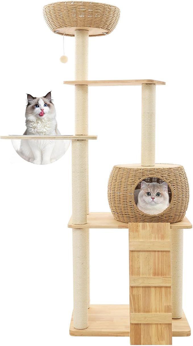 57 Inch Tall Cat Tree with Hammock & Condo, Multi-Level Cat Tower with Scratching Posts & Toys, 24" Width Natural Wood Cat Furniture with Sisal Rope, Cat Climbing Frame for Indoor Cats