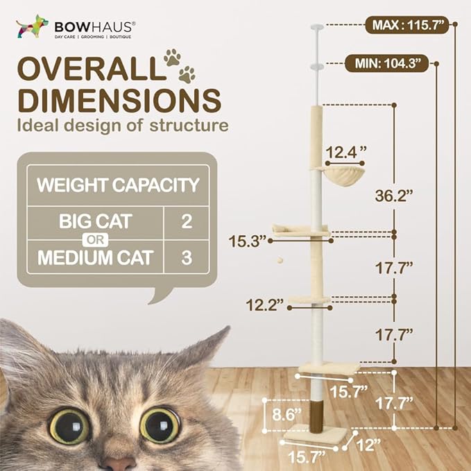 Floor to Ceiling Cat Tree, Adjustable Height 104”-115” Multi-Tier Cat Climbing Tower w/Itching Scratcher, Cozy Hammock, Interactive Playball, Platforms for Indoor Cats, Beige