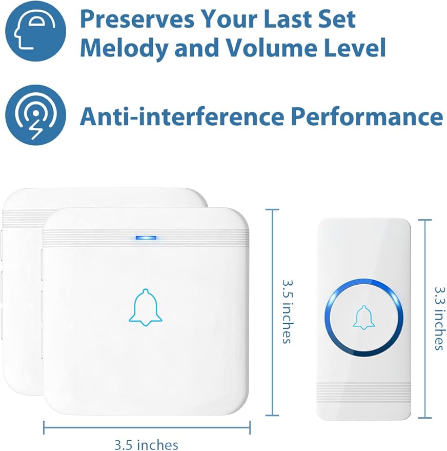 AVANTEK Wireless Doorbell, Waterproof Door Bell Chime Operating at over 1300 Feet, Classroom Doorbell with 52 Melodies, CD Quality Sound and LED Flash, 1 Button + 2 Plug-in Receivers, D-3W