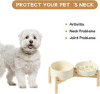 Ceramic 0.9 Cup Raised Slow Feeder Dog Bowl Set, Elevated 6.1inch Slow Dish and 6.1inch Water Bowl with Wooden Stand for Small Dogs (2 x Light Yellow+ Stand)