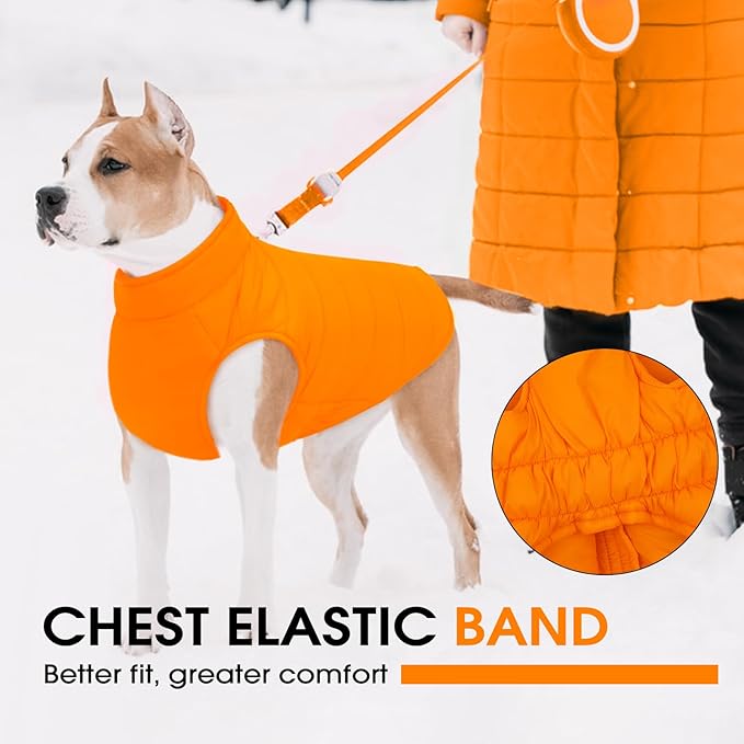 Dog Puffer Jacket with Detachable Neck Wrap for Small Dogs, Waterproof Orange Dog Vest with Back Zipper, Winter Coat Fleece Elastic Band on Chest for Dogs, Bichon Frise, Chihuahua, Orange XS