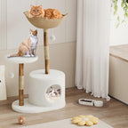 43 in Modern Natural Wood Cat Tree for Cats Aesthetic Cat Tower with Large Basket, Scratching Posts and Real Branch Design, White Luxury Cats Tree One Perch