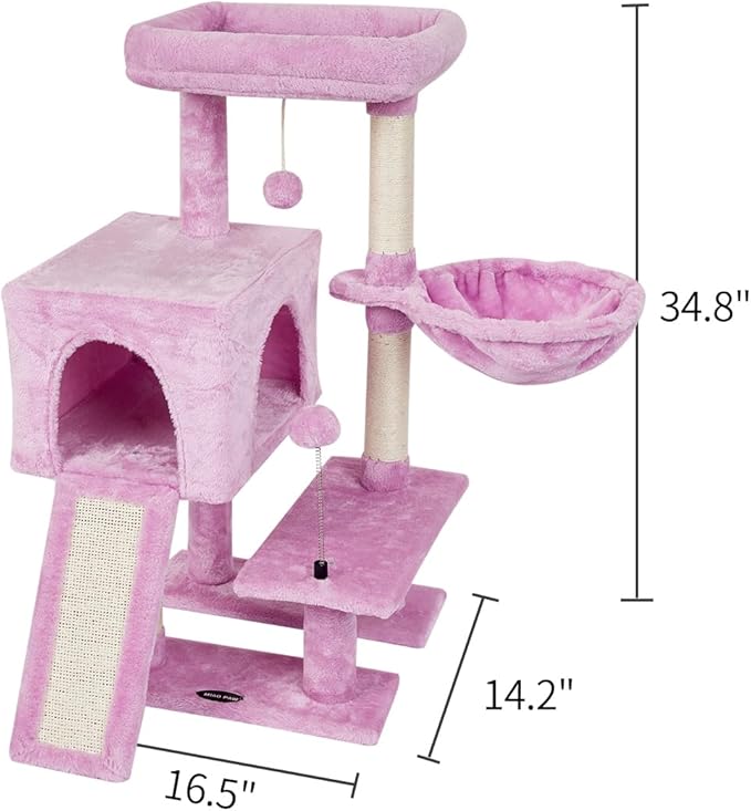 MIAO PAW Cute Cat Tree Cat Tower for Indoor Condo with Sisal Scratching Posts Jump Platform Furniture Activity Center Play House Bed Fashion Design Houses Pink