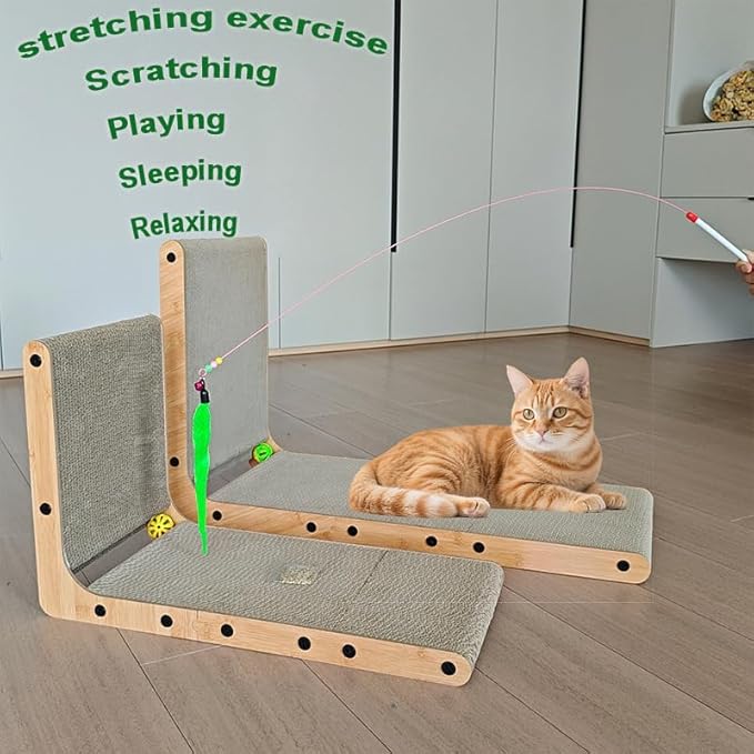 Large Cat Scratcher & Scratching Post, 27.6" Tall L-Shape Cat Scratch Board & Pad for Indoor Cats, Leans Against Wall & Sofa, High-Strength Cardboard with Bell, Catnip & Teaser Wand