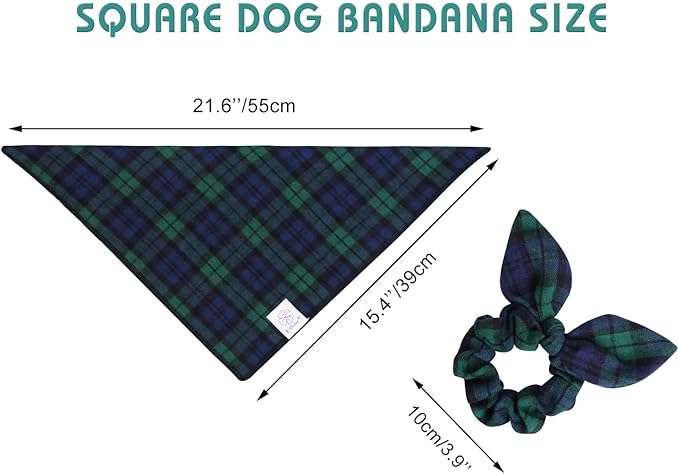 E-Clover Green Dog Bandanas Boy & Matching Scrunchie Set Plaid Scarf Kerchief for Small Dog Puppy Bandana Pet Owner Blue St Patrick Spring