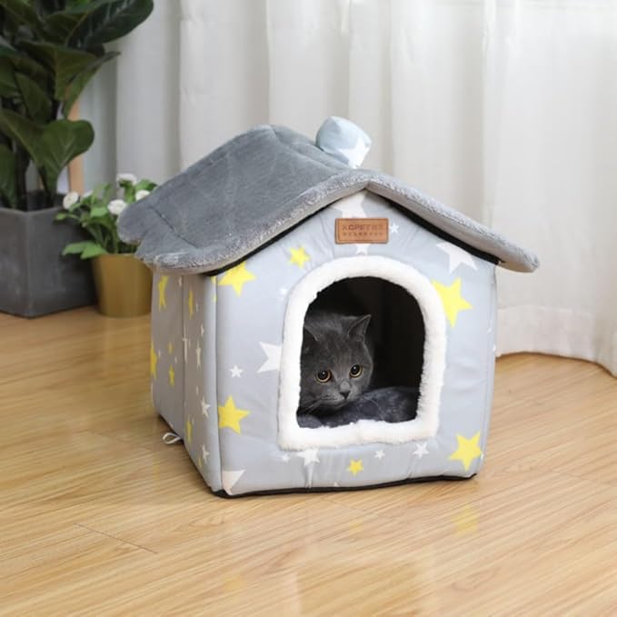 SEAHOME Dog House Kennel Bed Mat for Indoor Pets,Enclosed Warm Plush Sleeping Nest Bed with Removable Cushion,Covered Small Pet Condos Indoor Cat Hideaway (S, Grey)