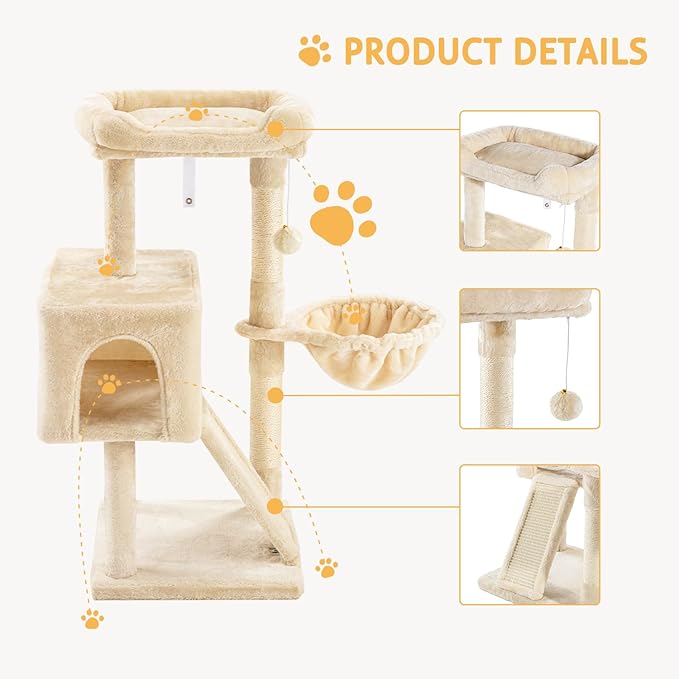 SHA CERLIN Cat Tree 36 Inches Cat Tower with Hammock, Sisal Scratching Post for Indoor Kittens, Small Room, Beige