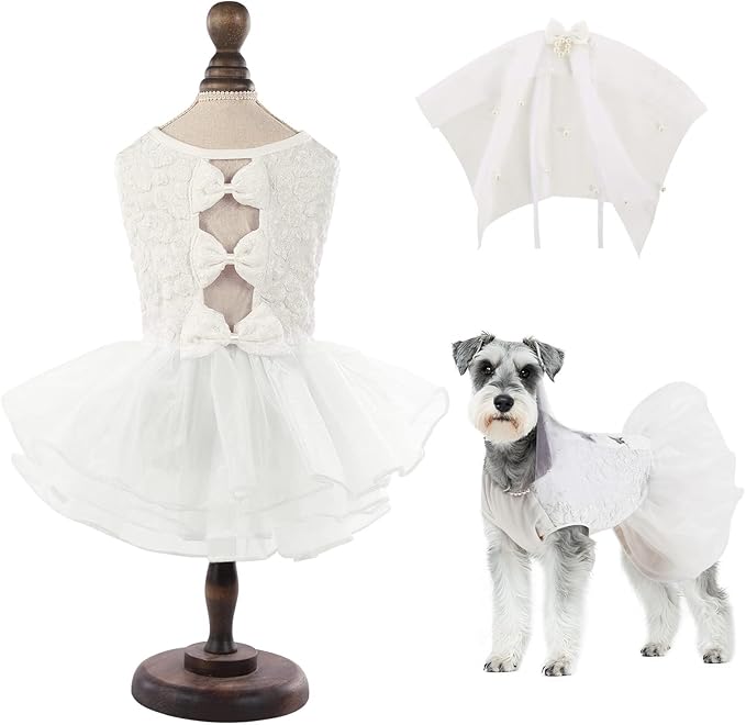 ASENKU Dog Dress, Dog Wedding Dress, Pet Lace Princess Dress with Bows for Wedding Birthday Party, Puppy Formal Apparel with Pearl Necklace for Large Dogs (White, XX-Large)