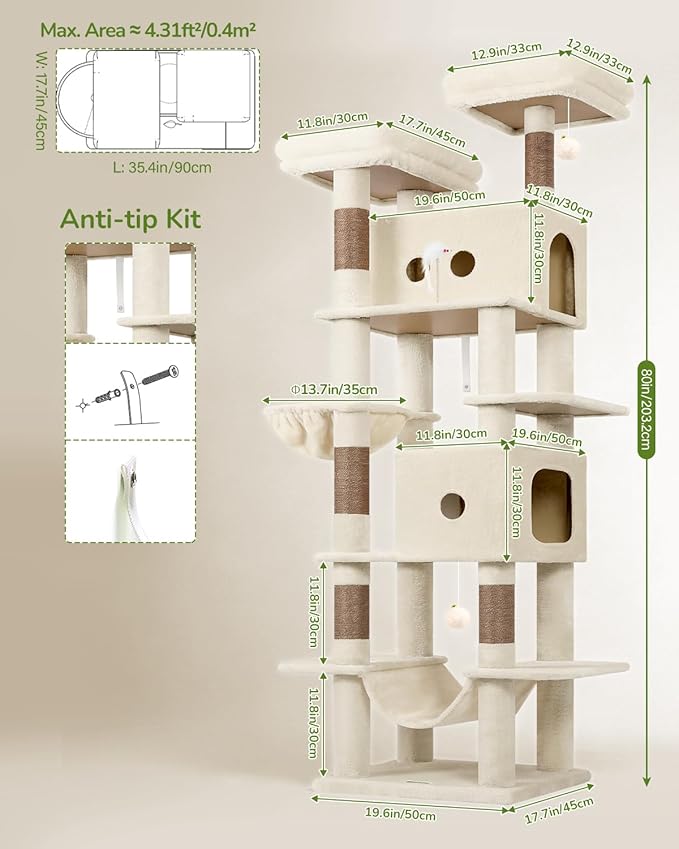 Globlazer Heavy Duty Cat Tree Tower 80in Tall Extra Large Cat Tree Tower for Multiple Indoor Cats Large Adult with Scratching Posts, 2 Spacious Condos, Padded Perches, Soft Hammock, S80B, Beige