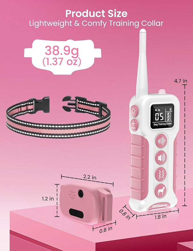 No Shock Dog Training Collar, Vibrating Dog Collar with Remote 3300ft, Beep and Vibration Collar for Dogs 10-110lbs | Vibrate Only, No Prongs | Painless&Humane to Stop Bad Behaviors (Pink)