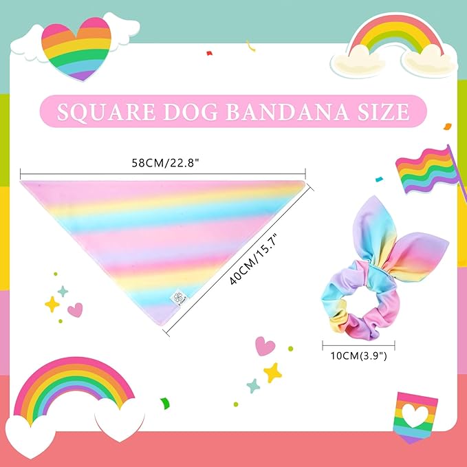 E-Clover Rainbow Dog Bandana & Matching Scrunchie Pink Purple Yellow Pet Dog Scarf Cute Dog Costumes Accessories for Small Dogs