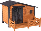 GUTINNEEN Outdoor Wooden Dog House with Metal Frame, Porch and Ventilation Window, Weatherproof Shelter for Small to Medium Dogs, 44.6" L x 41.1" W x 32.9" H (Brown)