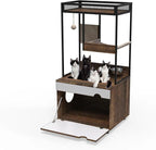 Cat Litter Box Enclosures with Cat Tree Tower,Cat Furniture All-in-one Modern, with Food Station and Cushions