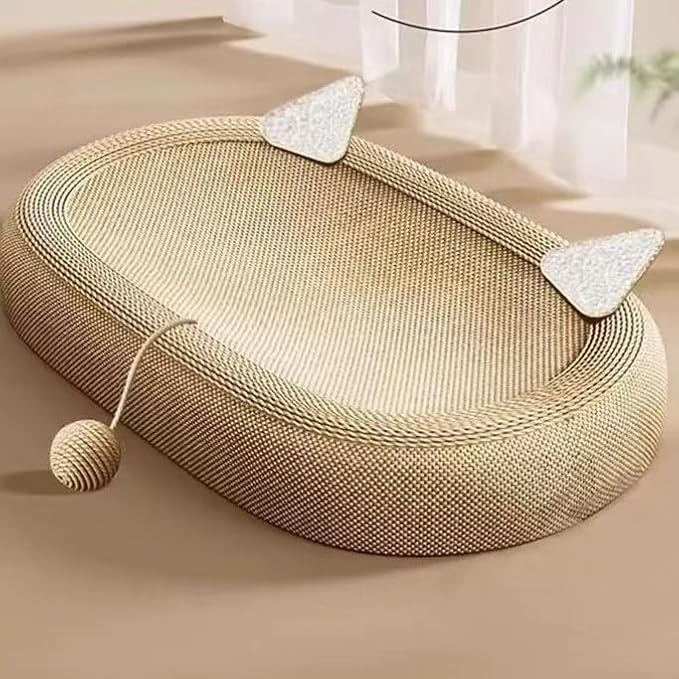 Cat Scratching Post and Cat Mat - 24 Inch Durable Sisal Rope with Interactive Ball, 3-in-1 Cat Scratcher Cardboard Bed for Indoor Cats to Play, Round-Oval Rest and Scratch (Ear Style)