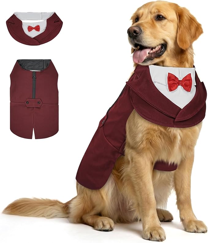 Supet Dog Tuxedo and Bandana Set with Bow Tie, Formal Outfit for Wedding Birthday Party Graduation Valentines, Pet Suit Clothes for Large Medium Small Dogs (Burgundy, XL)