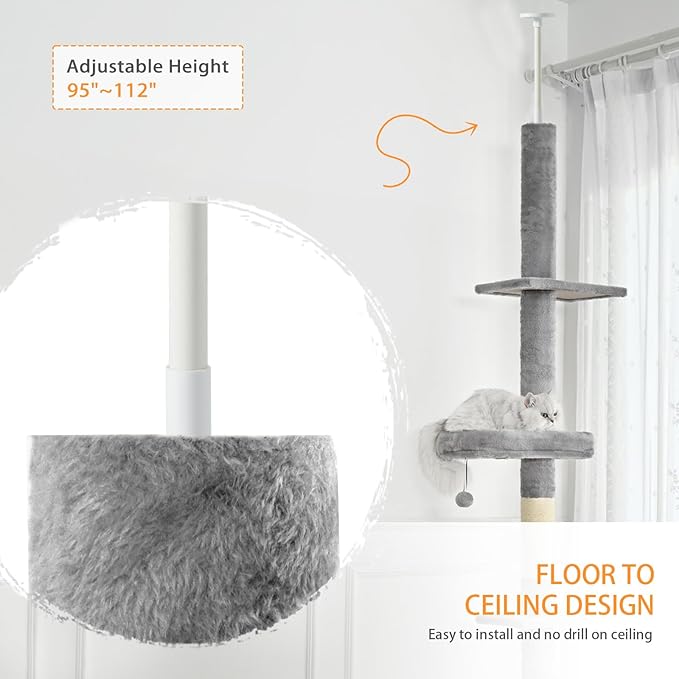 Floor to Ceiling Cat Tree, Cat Tower with Adjustable Height 98-110 Inches, 5 Tiers Tall Cat Tree Floor to Ceiling with Cozy Bed,Platforms, Sisal Scratching Posts for Cats, Soft Gray
